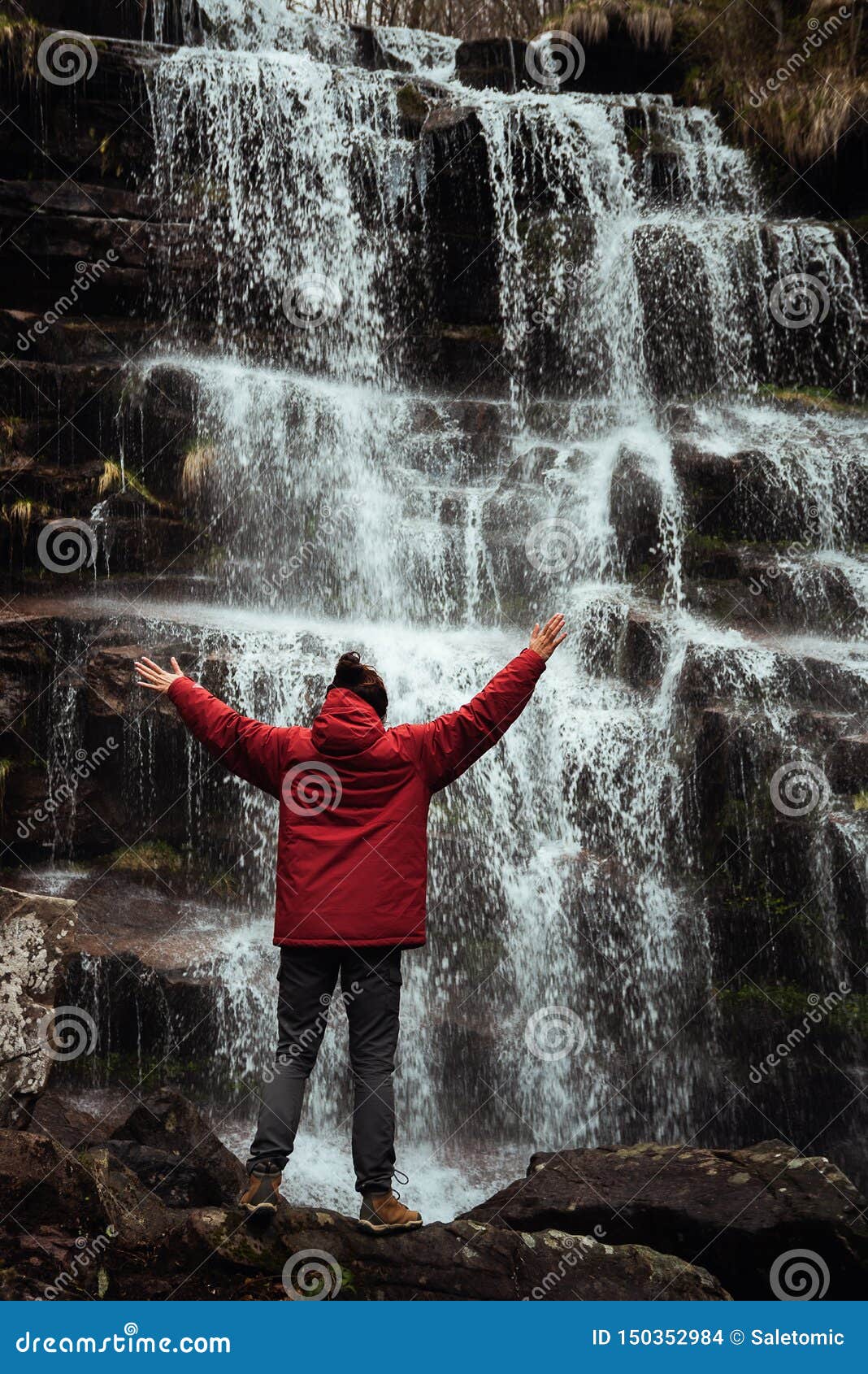 Girl in Red Jacket by the Waterfall Stock Photo - Image of nature, cold ...