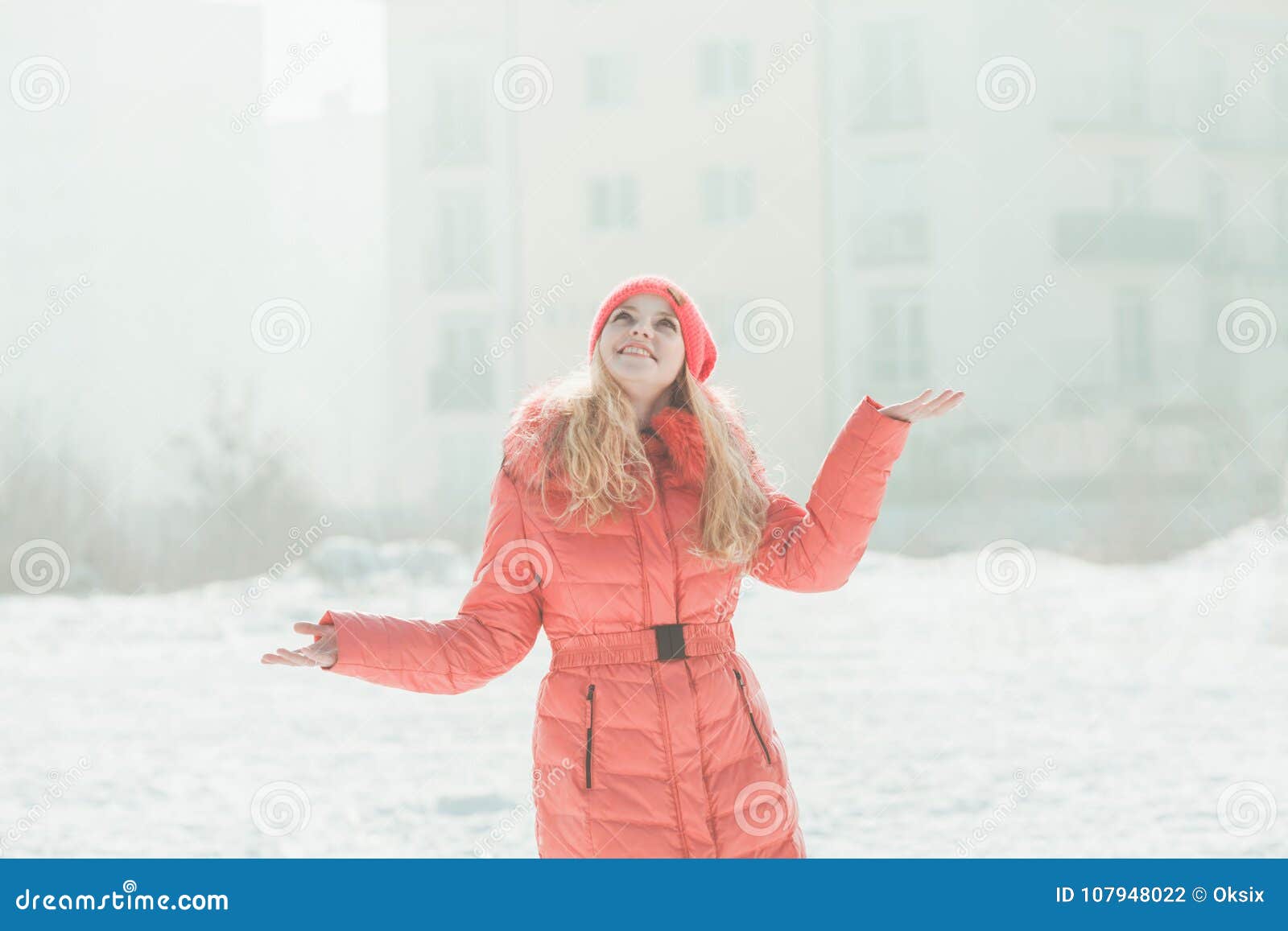 Girl in red parka stock photo. Image of cold, park, happy - 107948022