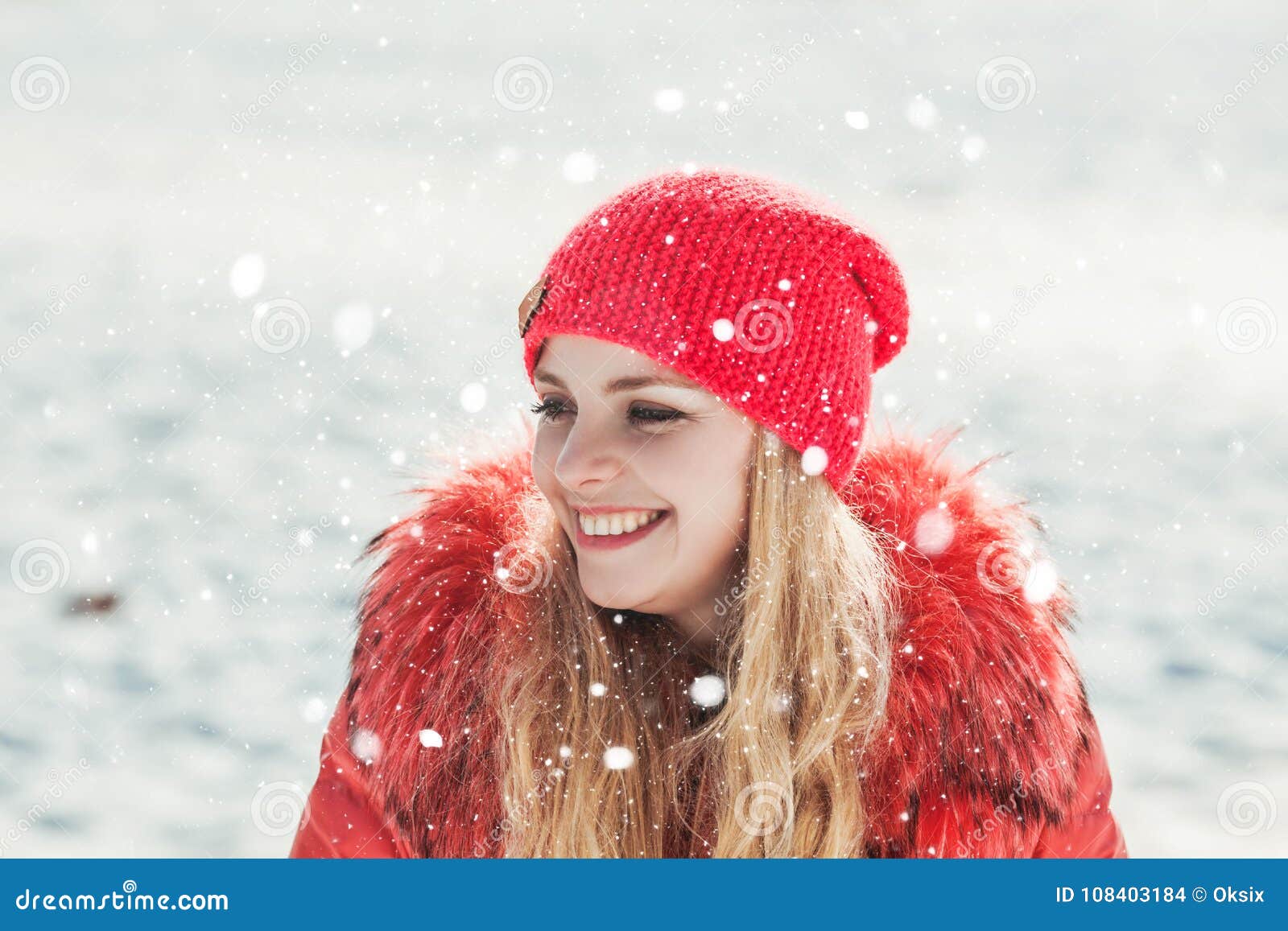 Girl in red parka stock photo. Image of background, flakes - 108403184