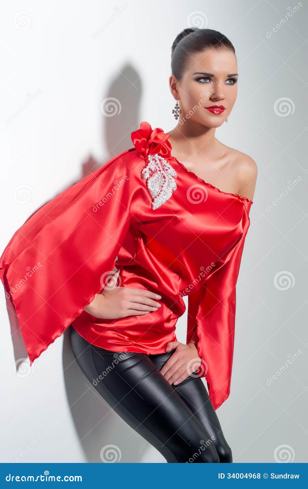 Girl in Red Silk Tunic and Black Leggings Stock Photo - Image of leggings,  brunette: 34004968