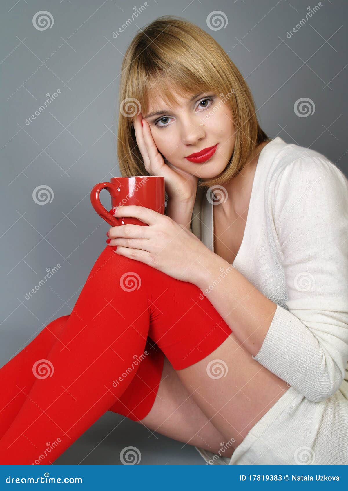Girl In Red Stockings With A Mug Stock Image Image Of Female Beautiful 17819383