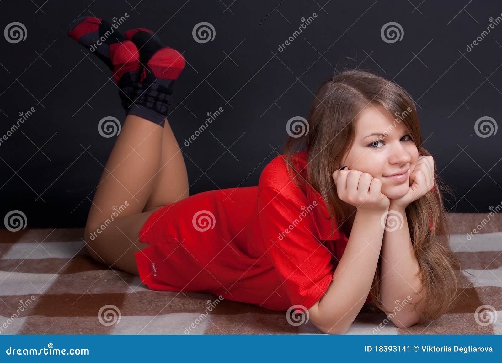 Girl in a red T-shirt stock image. Image of people, plaid - 18393141