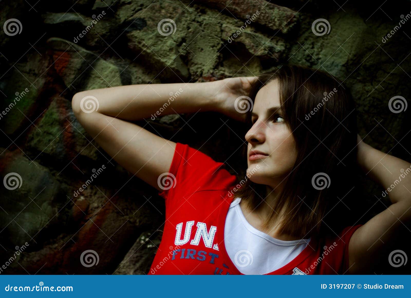 Girl in red tshirt stock image. Image of leaning, caucasian 3197207
