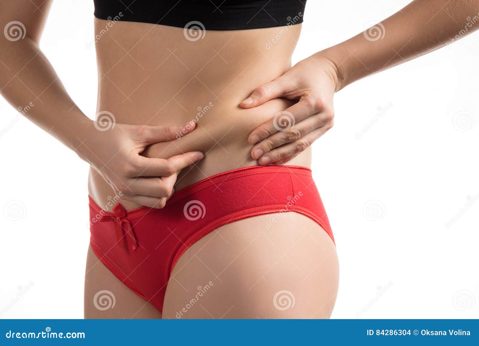 The Girl in a Red Underwear To Touch the Fat on Your Stomach and Stock  Photo - Image of measurement, closeup: 84286304