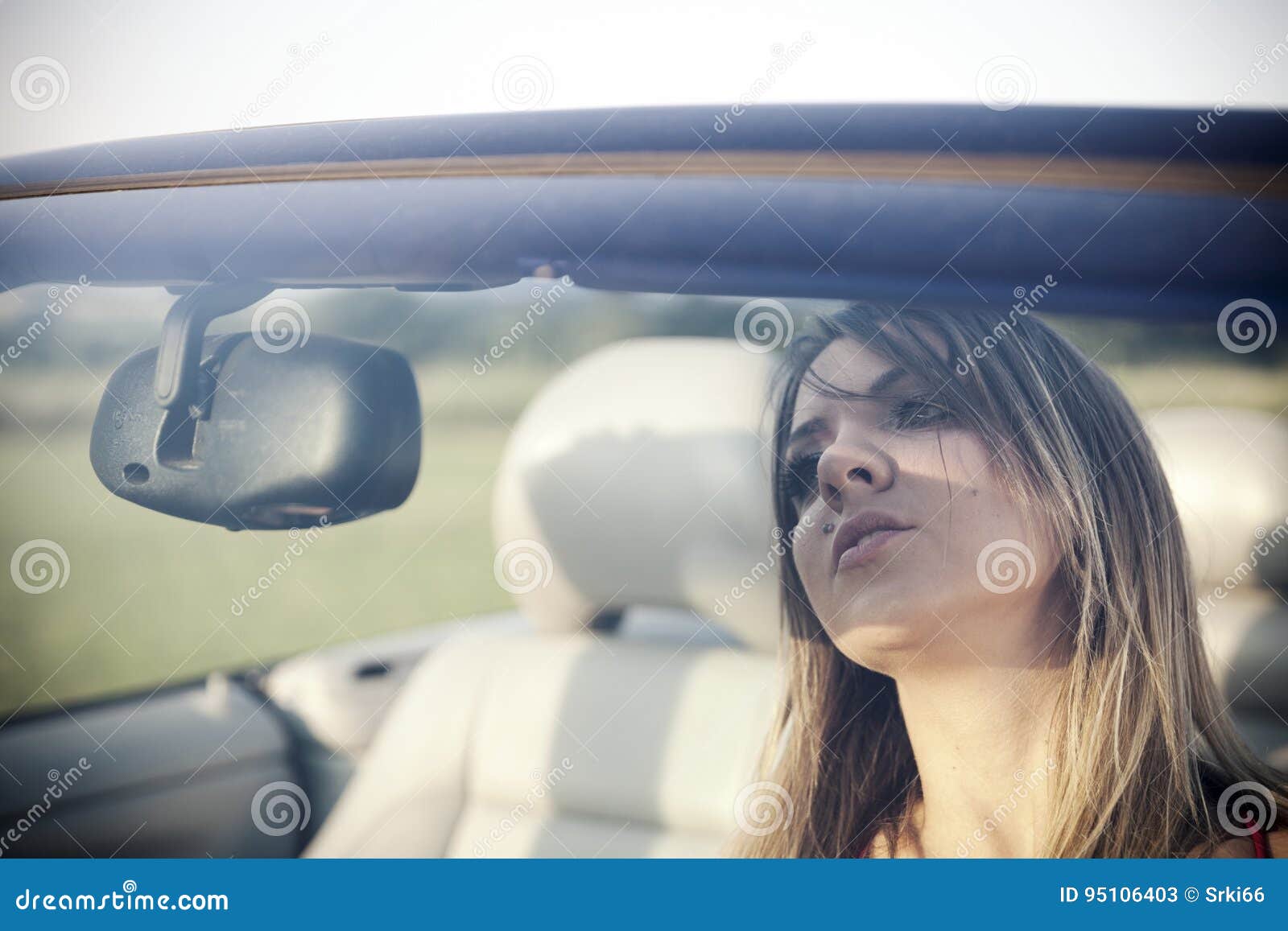 Girl is Reflected in the Rearview Mirror Stock Image Image of