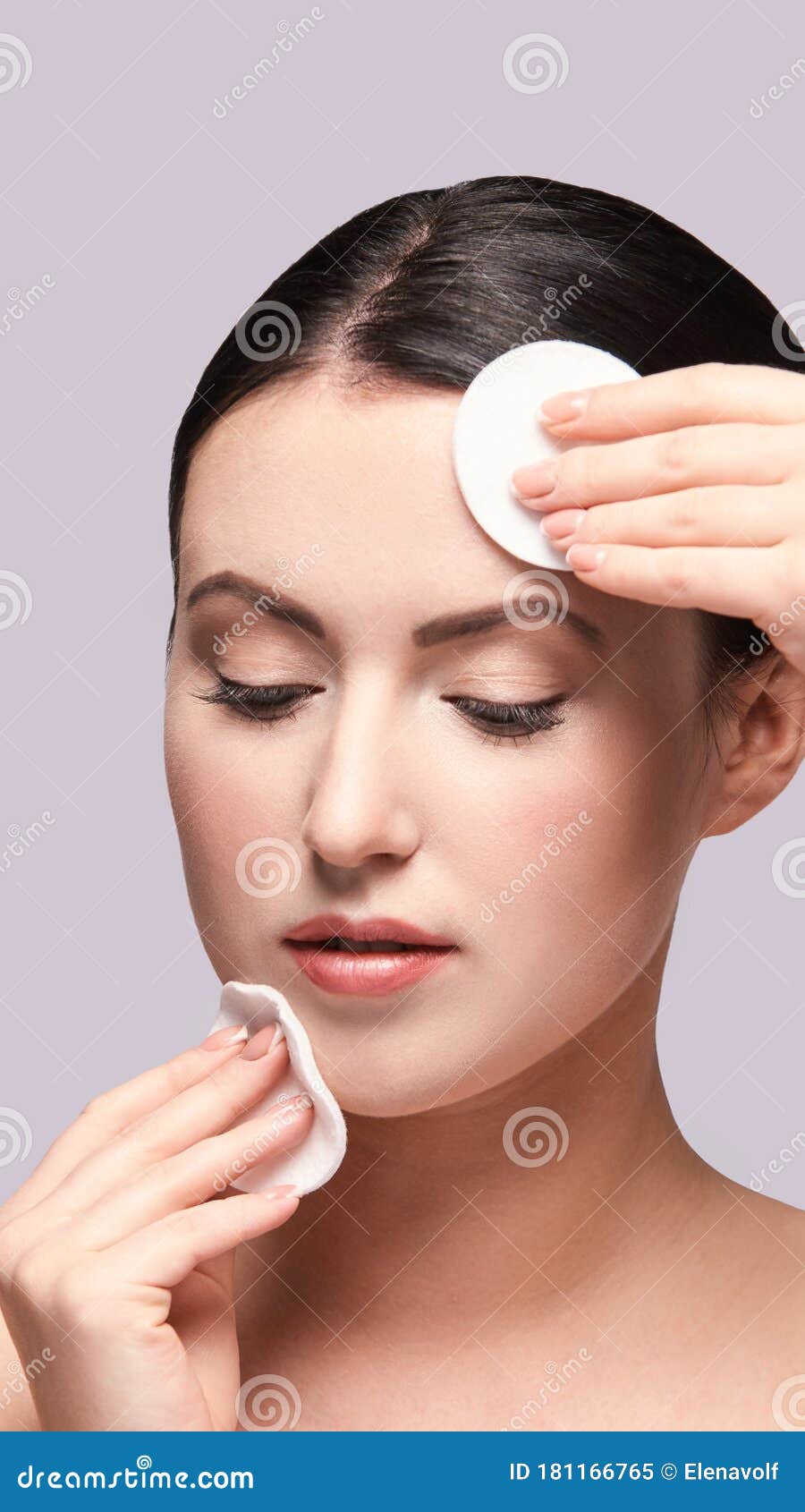 girl remove mascara. cotton pad. skin care evening routine