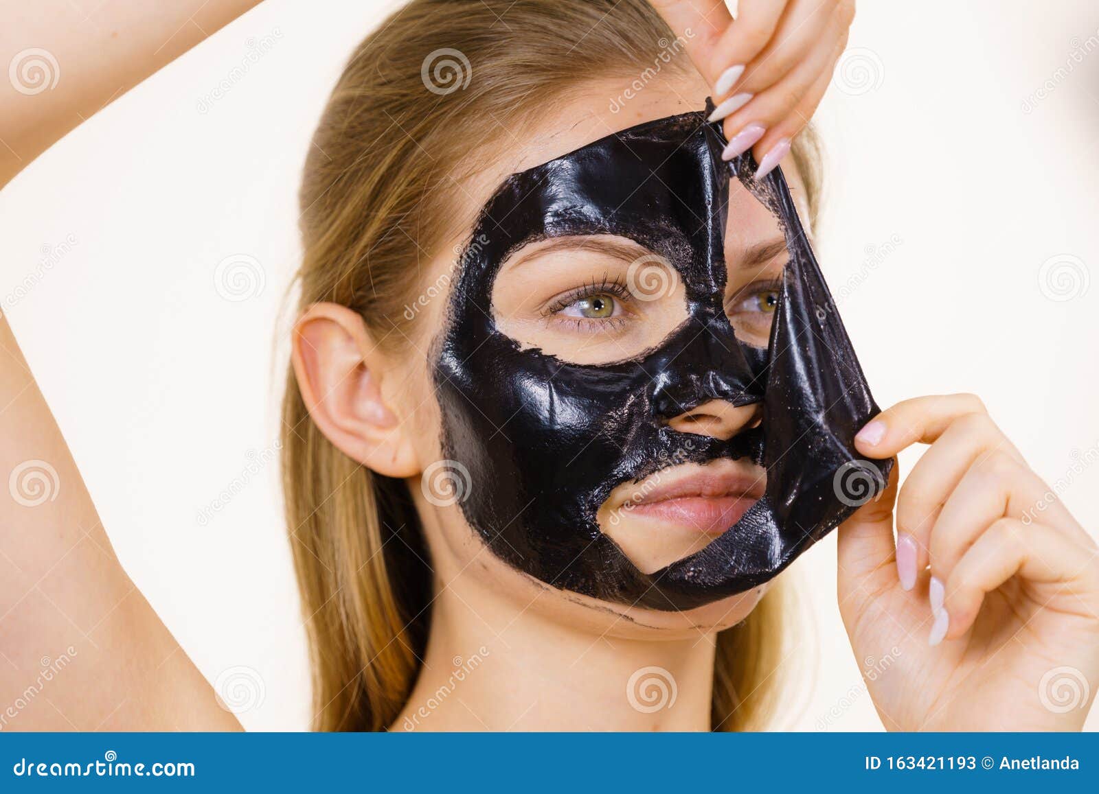 Girl Removes Black Mask From Face Stock Image Image Of Cleansing