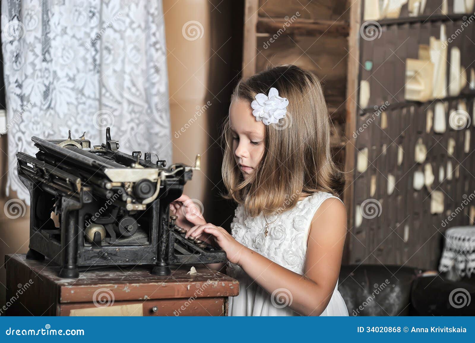 Girl with a Retro Typewriter Stock Photo Image of nostalgia, person