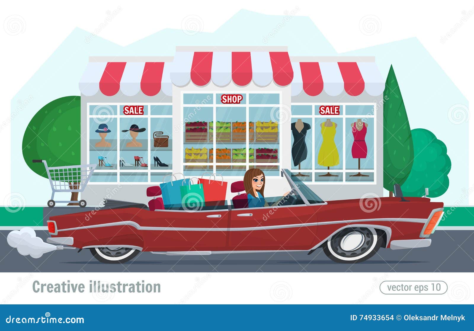Girl Rides on a Red Convertible with Shopping Car Driving on Road. Vector Illustration Cartoon Female and Retro Car Shopping Store Stock Illustration - Illustration of modern, fashion: 74933654 Girl Rides on a Red Convertible with Shopping Car Driving on Road. Vector Illustration Cartoon Female and Retro Car Shopping Store Stock Illustration - Illustration of modern, fashion: 74933654