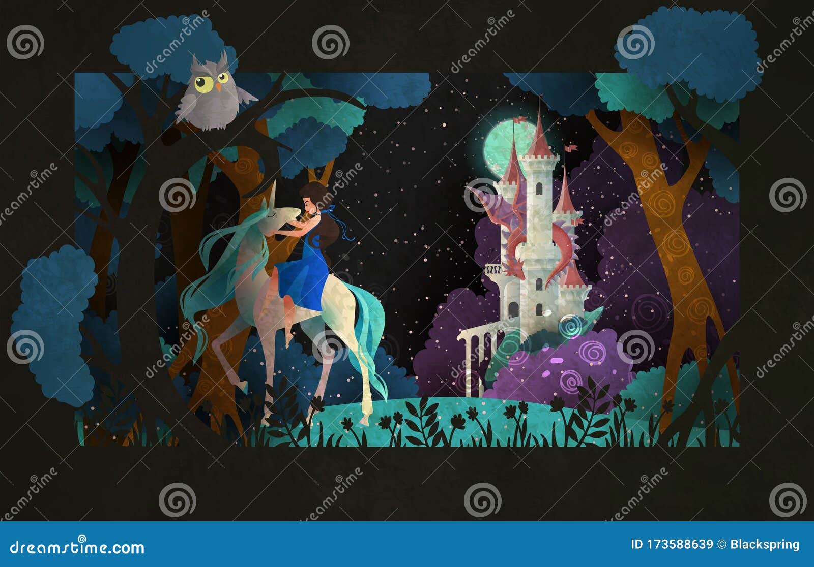 Girl Riding a Unicorn in Front of Night Sky and Castle Stock Vector ...