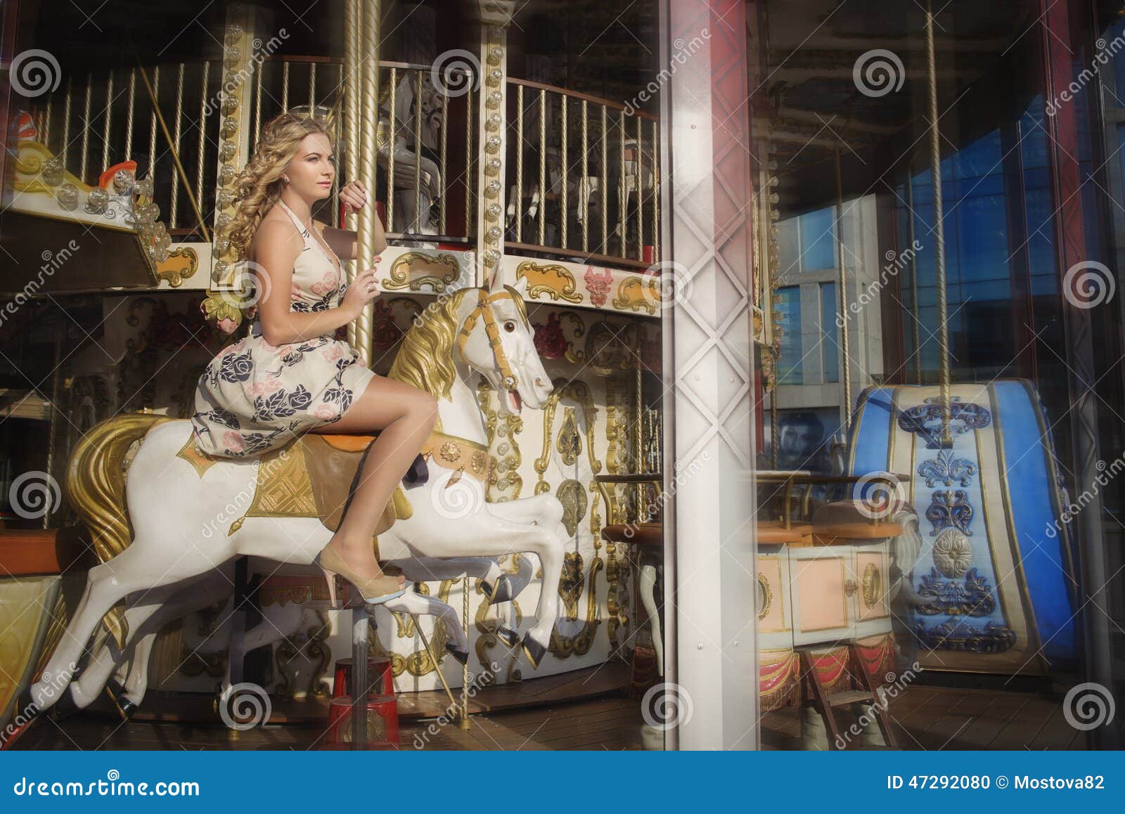 Girl Riding on a White Horse on a Carousel Stock Photo Image of street, fashion 47292080