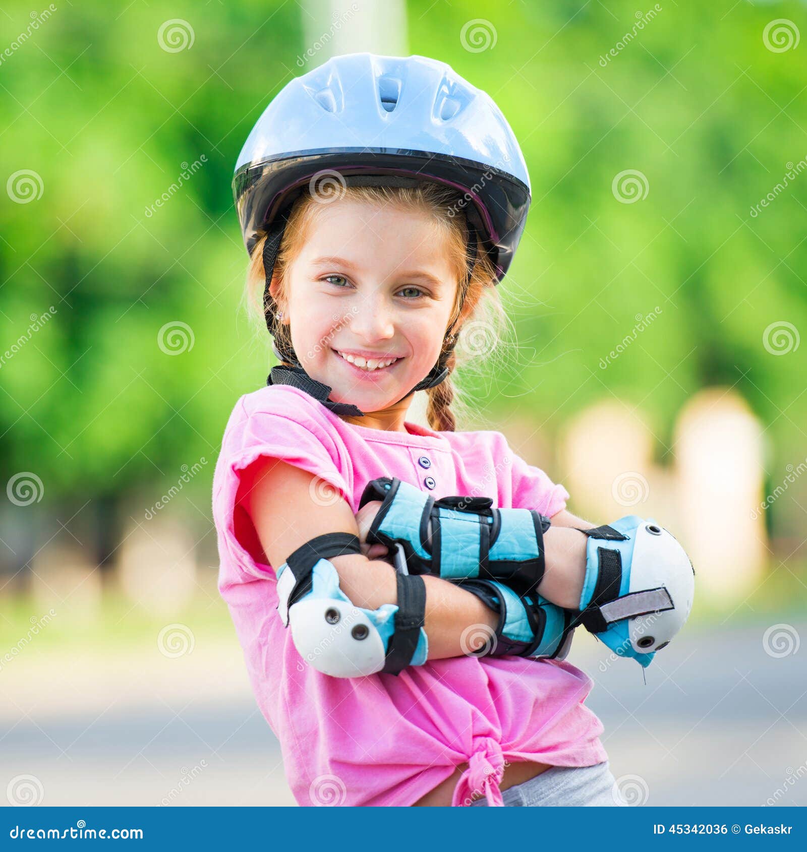 Girl In Roller Skates Drinking Water And Listening To Music On H Stock