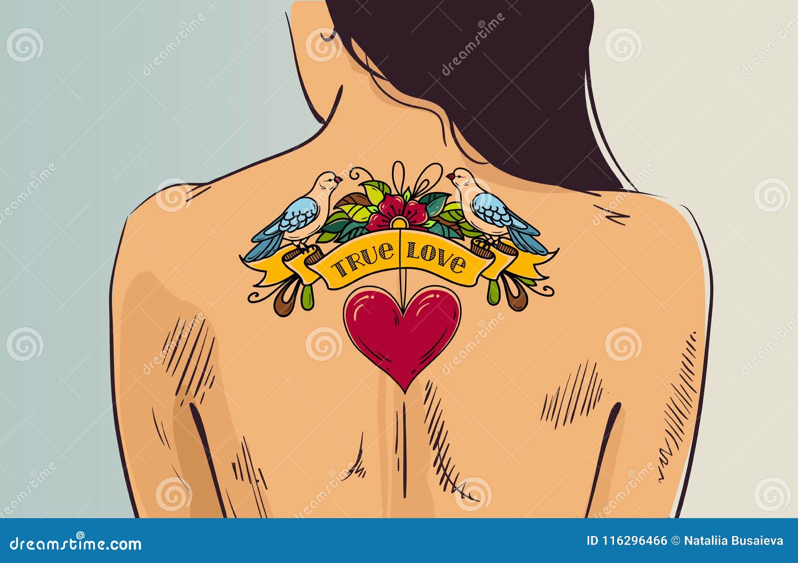 Girl with Romantic Tattoo. Woman Turned with Her Back. Tattoo with Heart  and Dove on Nude Back Stock Illustration - Illustration of dotwork, black:  116296466