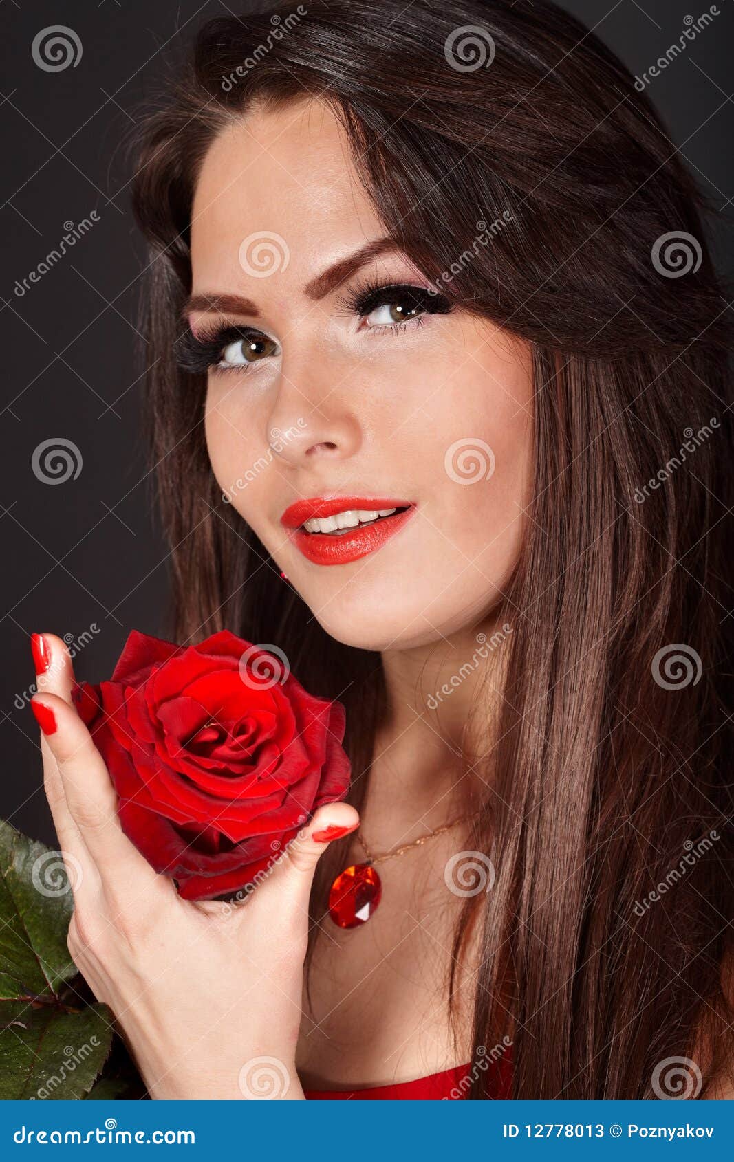 Girl With Rose On Red Background. Valentines Day. Stock Image Image