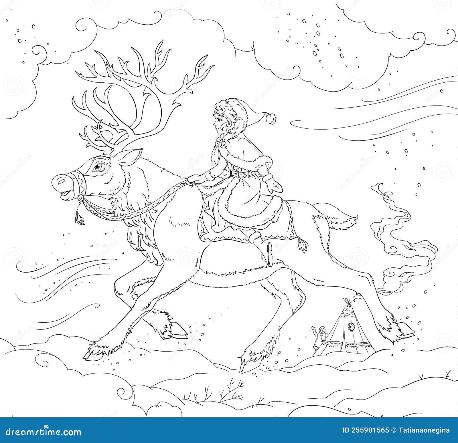 girl rsitting on a deer running through the snow coloring page