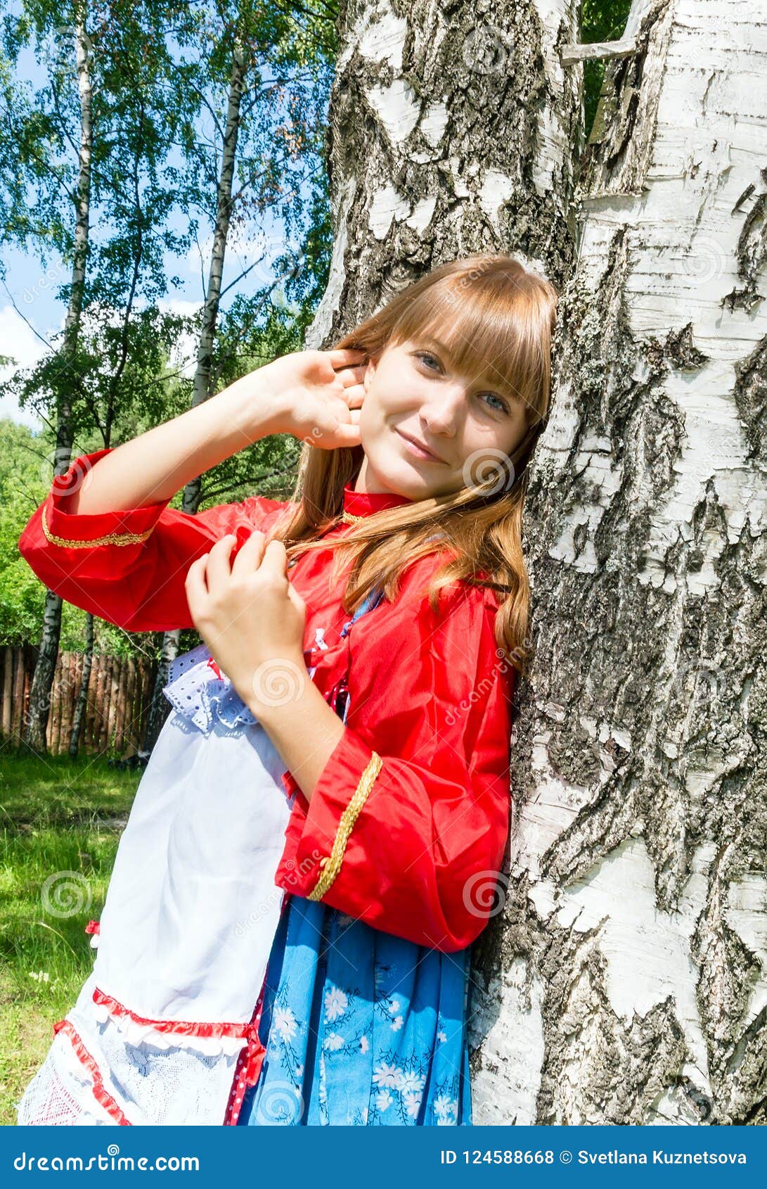 Girl in Russian Clothes in Summer Landscape Outdoor Stock Photo - Image ...