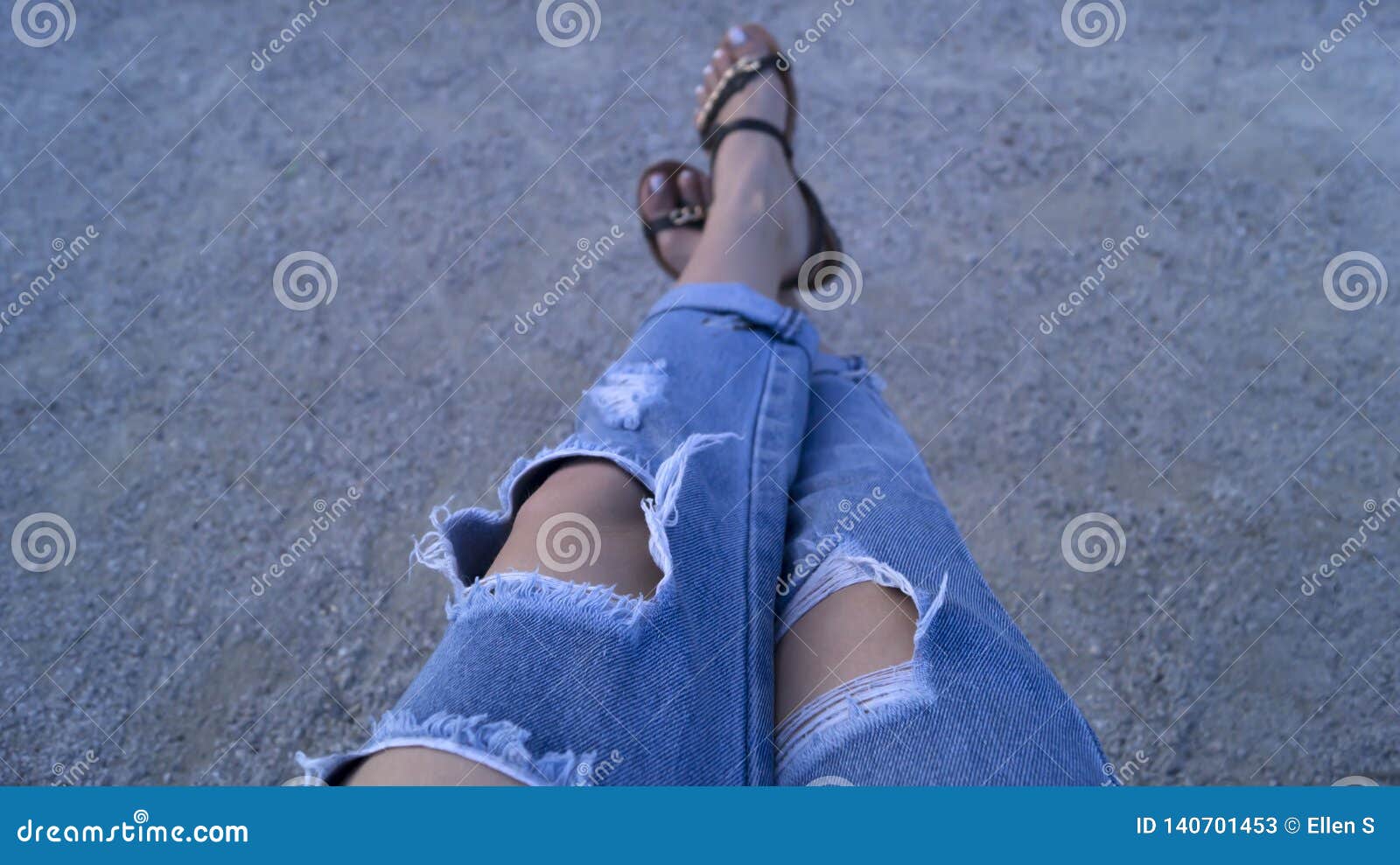 Girl`s Legs Dressed in Ripped Blue Jeans Stock Image - Image of ripped ...