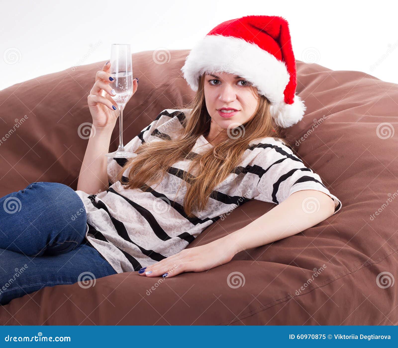 Girl In The Santa Claus Hat And Glass Of Champagne Stock Ima