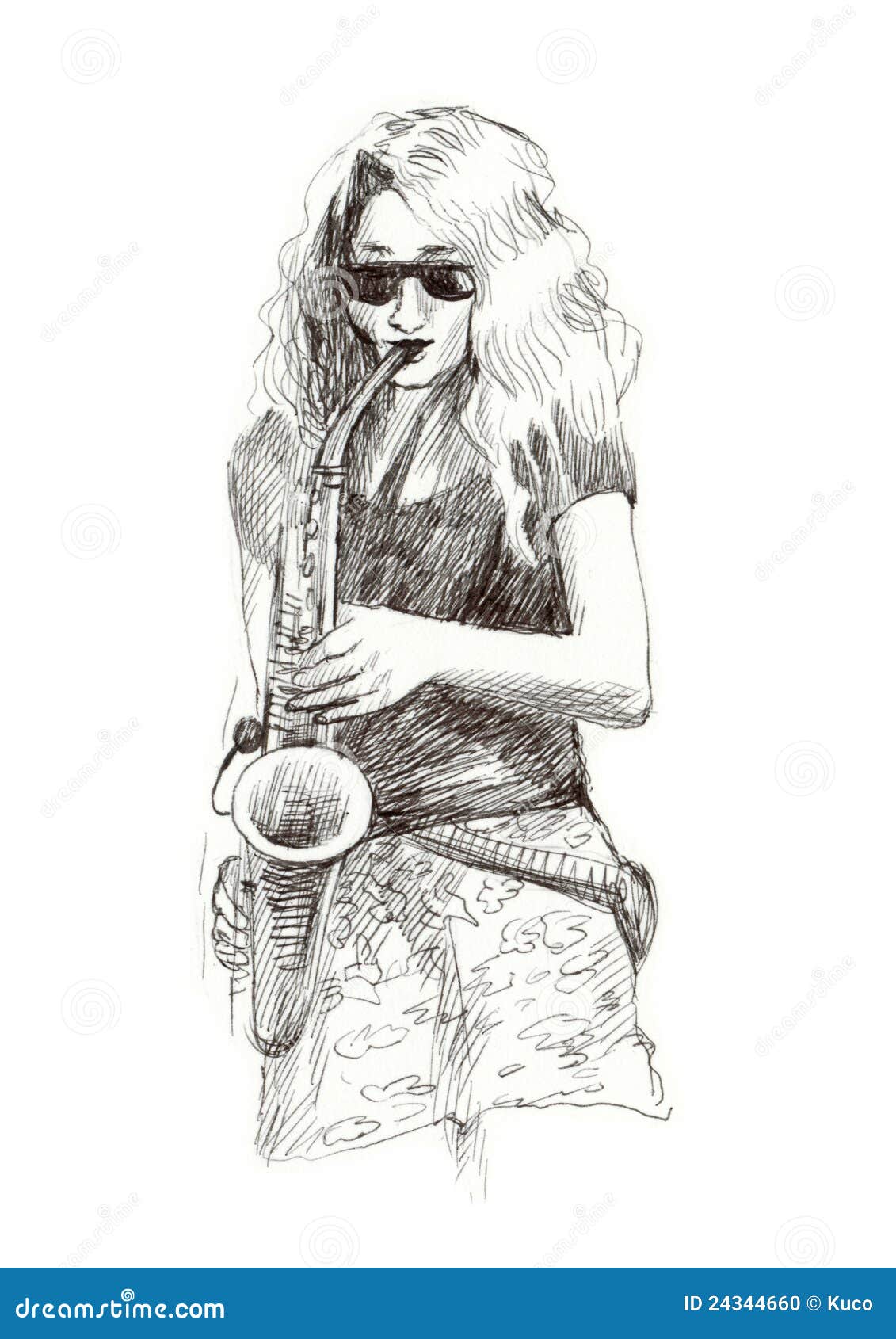 Girl with saxophone stock illustration. Illustration of cartoon 24344660