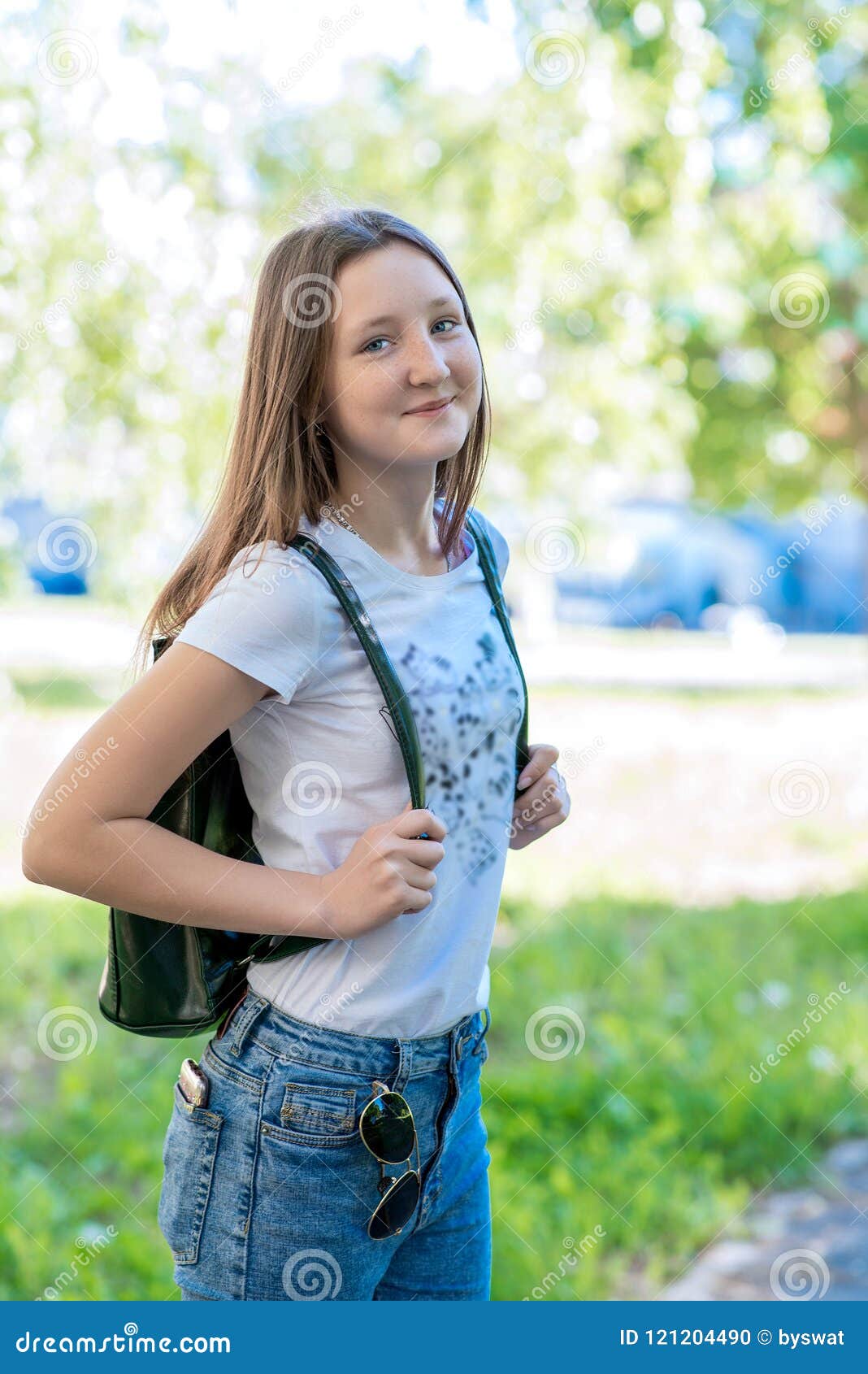 Girl Schoolgirl Behind Backpack Summer In Nature Posing On Camera She Smiles Emotionally 