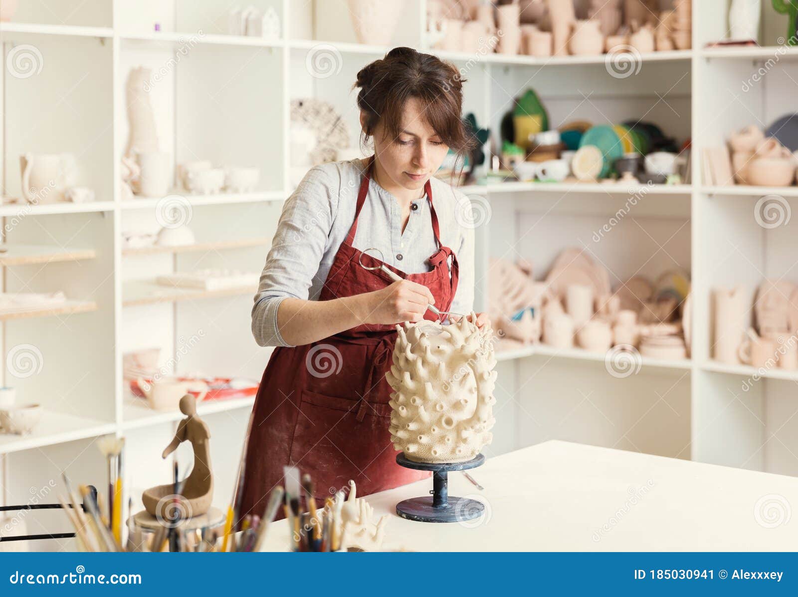 Girl Sculptor in the Sculpts from Clay Stock Image Image of