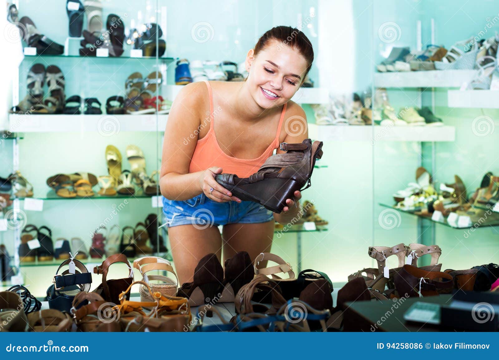 Girl Searching for Pair of New Shoes Stock Photo - Image of customer ...