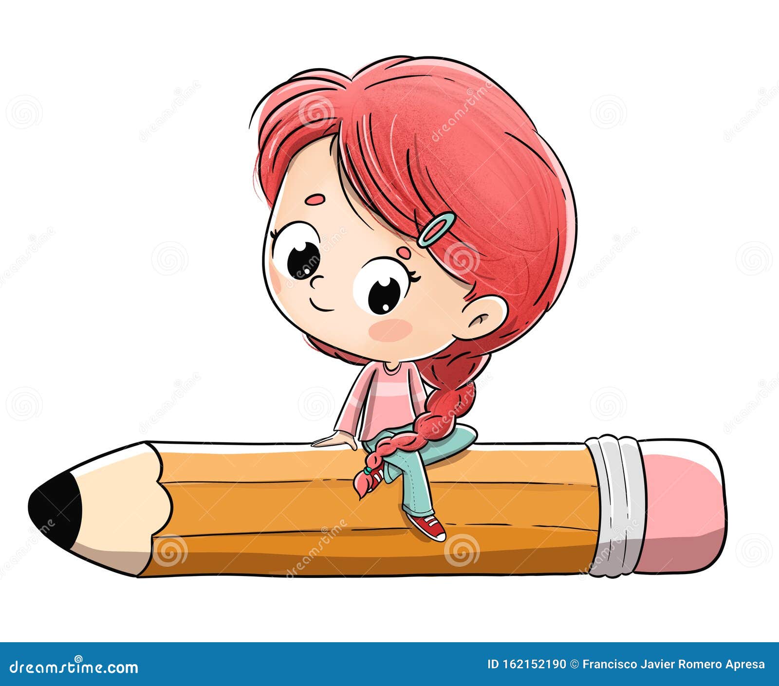 girl seated in big pencil. she has a braid and red hair.