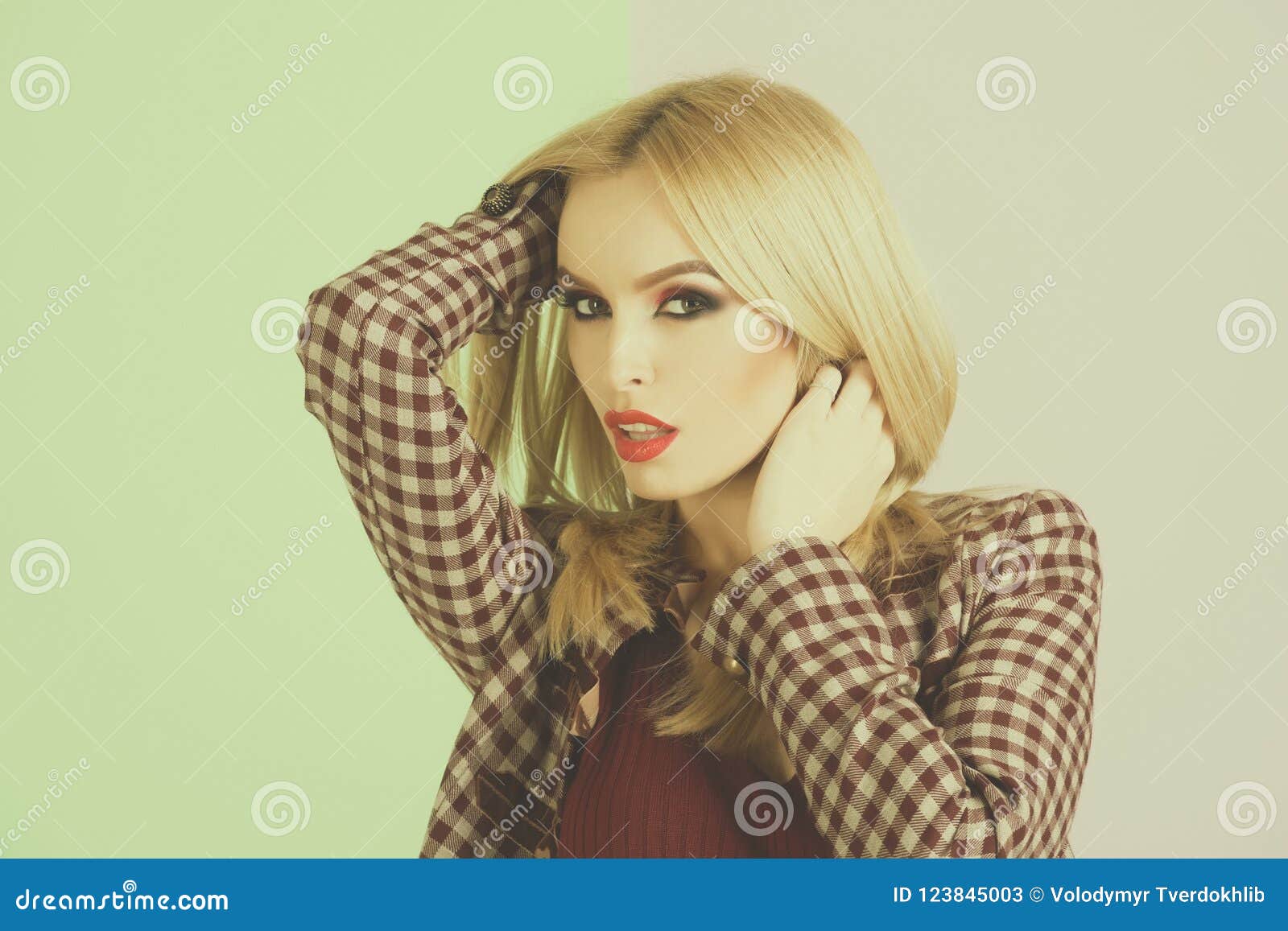 Girl or Woman with Makeup in Dress and Fashionable Coat Stock Image ...