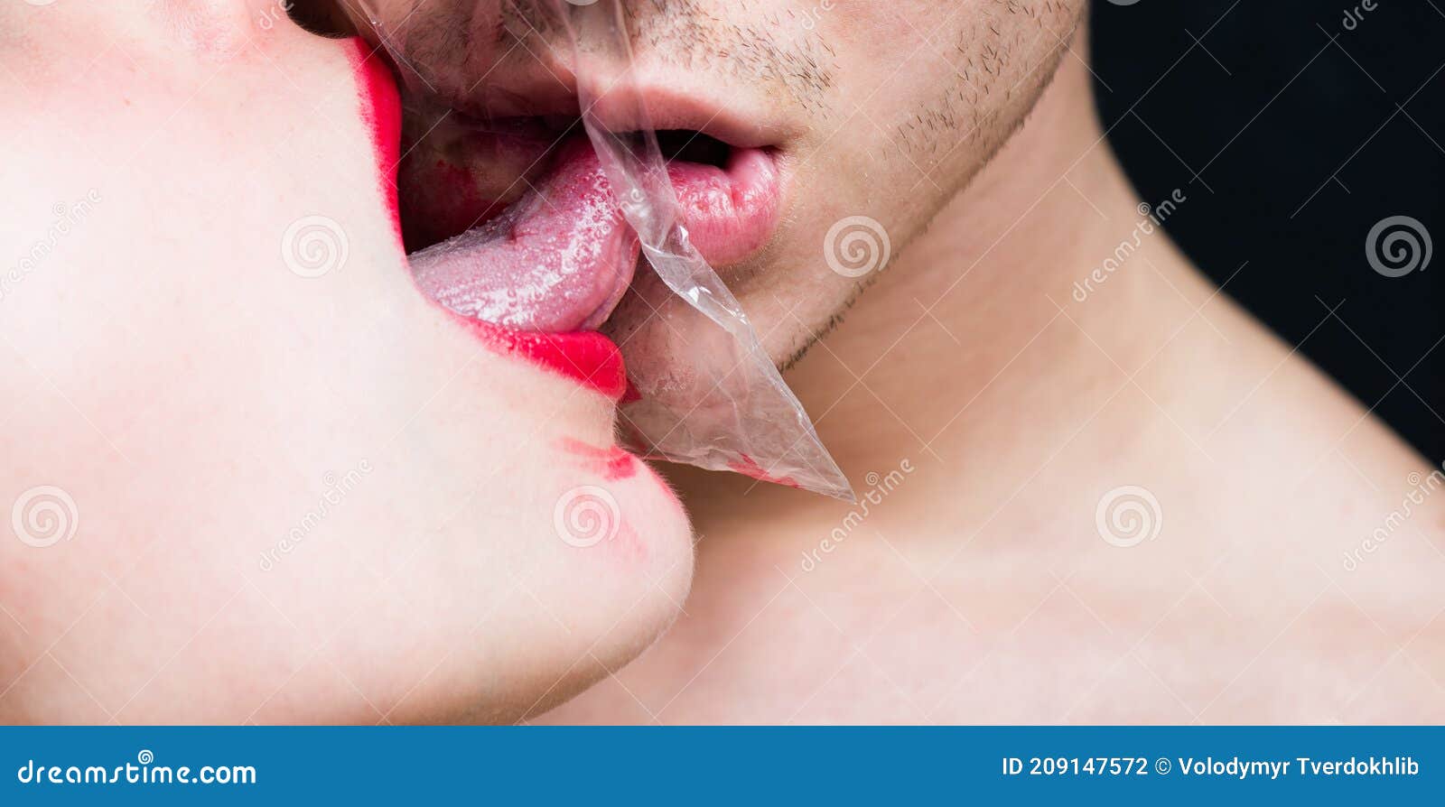 Girl Tongue Lick Guy. Safe Sex. Oral Condom Concept