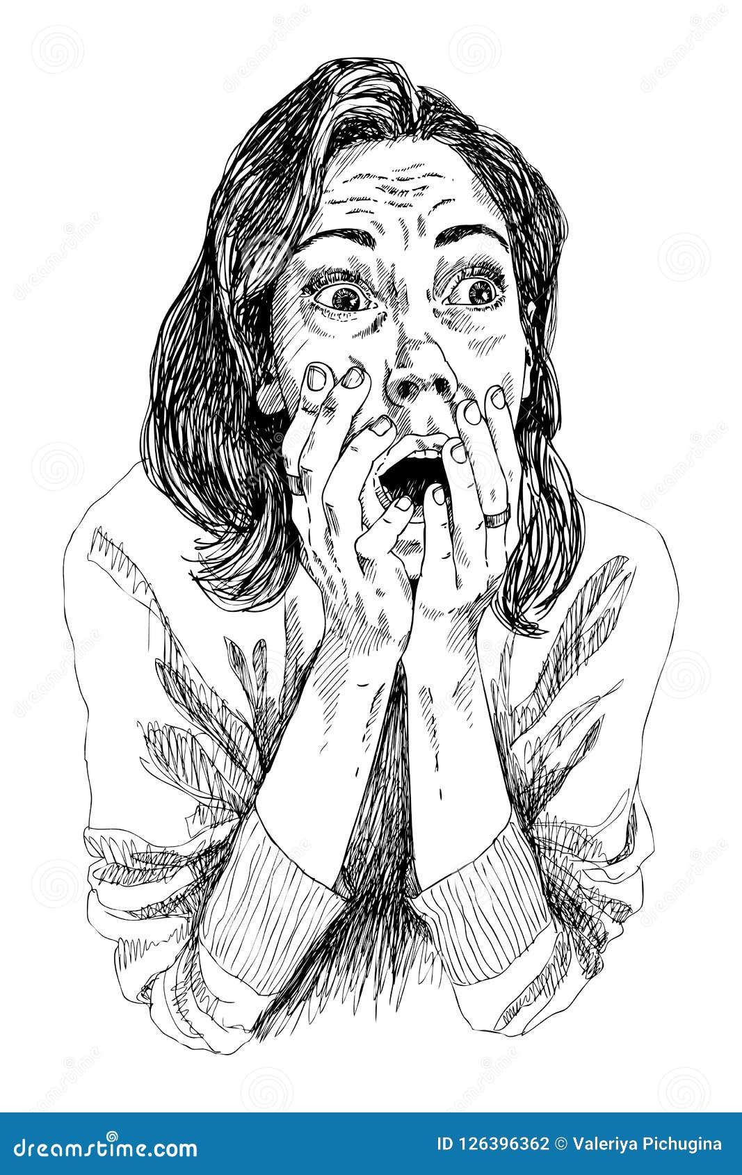 A Girl in Shocked Emotion. Woman Holds a Hand Near Her Mouth. the Girl is  Scared. High Detailed Hand Drawing Vector Stock Vector - Illustration of  frightened, female: 126396362