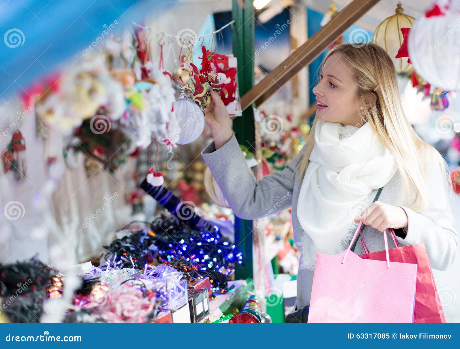 Girl Shopping at Christmas Market Stock Image - Image of european ...