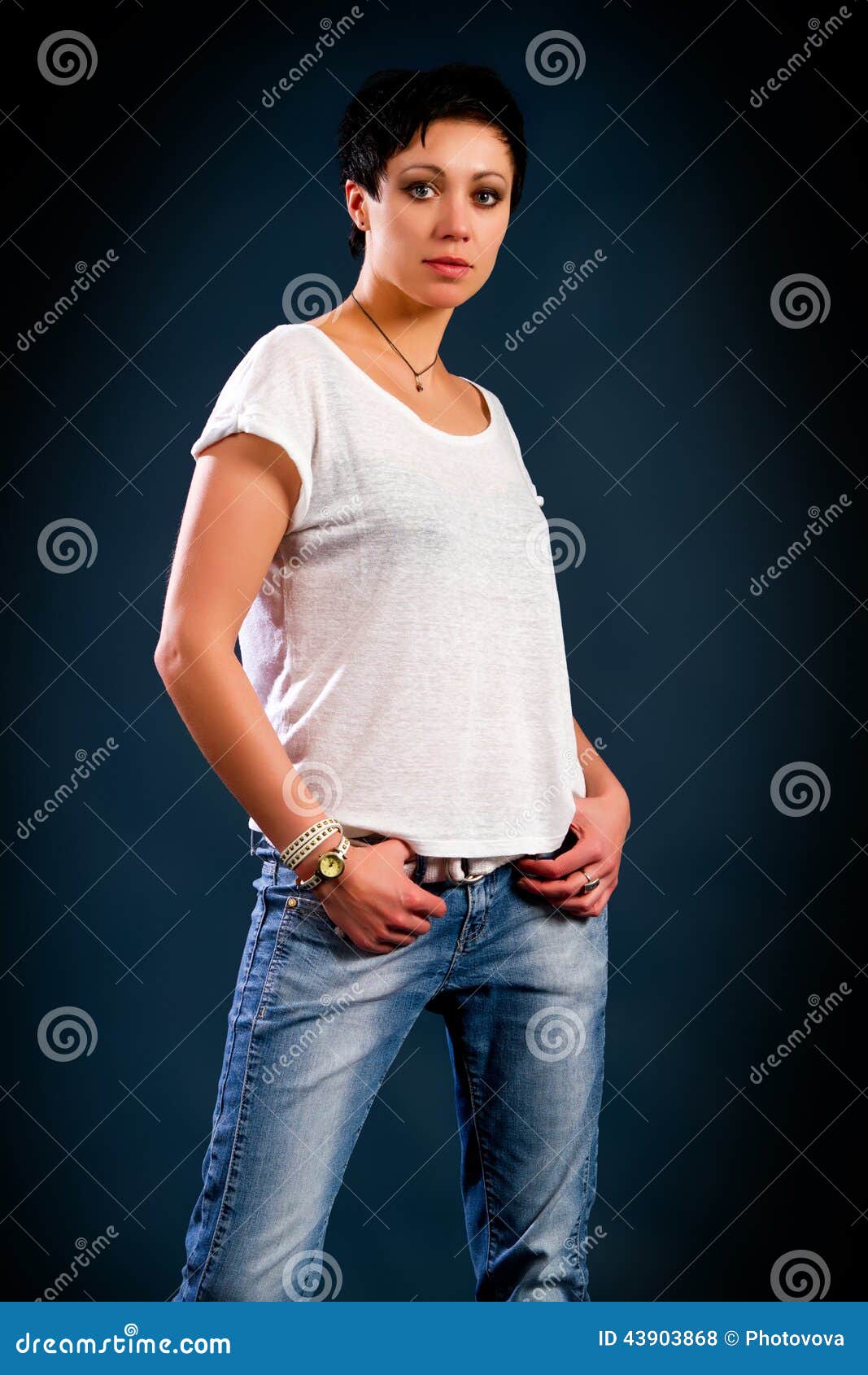 Girl with Short Hair Wearing a White T-shirt Stock Photo - Image of girl,  jeans: 43903868