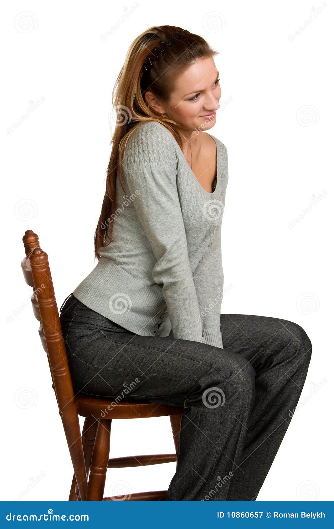 Girl sit on wooden chair. stock image. Image of lady