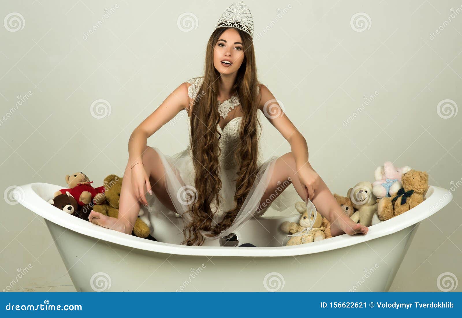 Girl Sitting On Bath Tub On Grey Background Stock Image Image Of