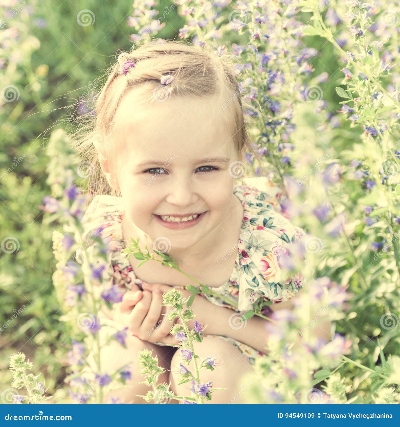 Girl Sitting in Field Full of Small Flowers Stock Image - Image of ...