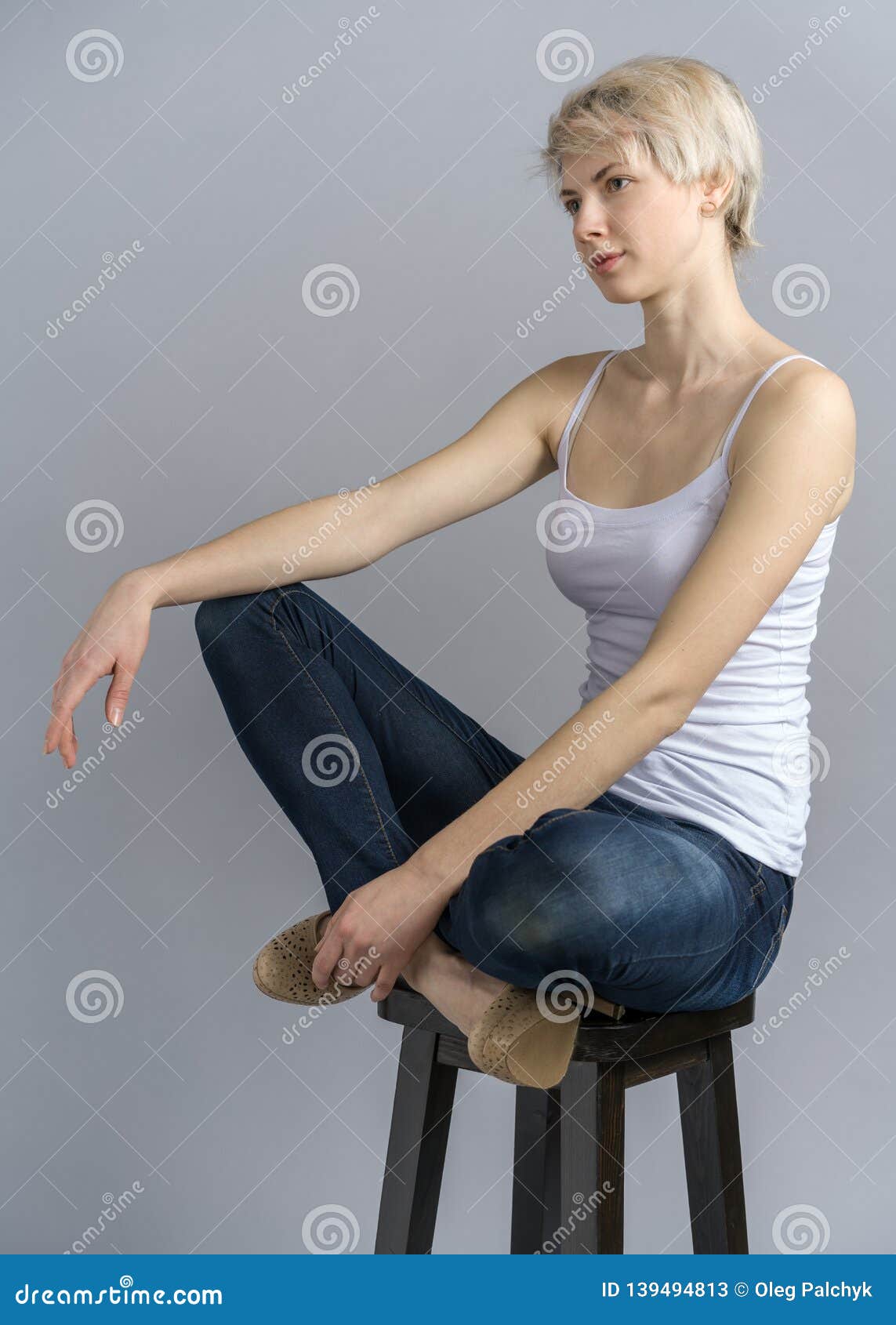 Picture Pose female sit Chair Hands Glance