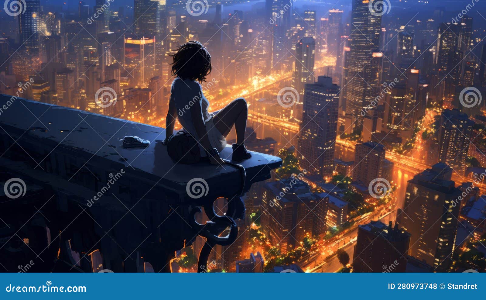 girl is sitting on a skyscrape, looking at view of city. beautiful  picture. generative ai