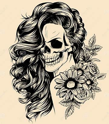 Girl with Skeleton Make Up Hand Drawn Vector Sketch. Santa Muerte Woman ...