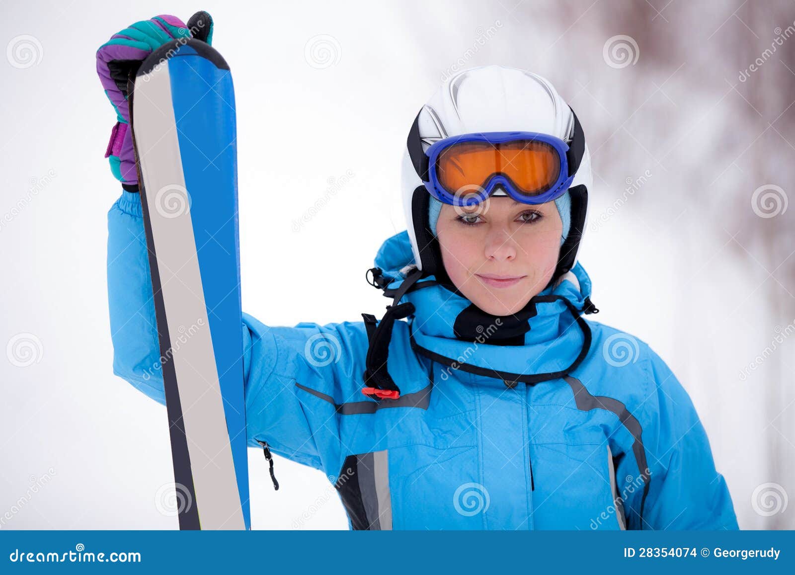 Girl in ski suit with skis stock photo. Image of offspring - 28354074