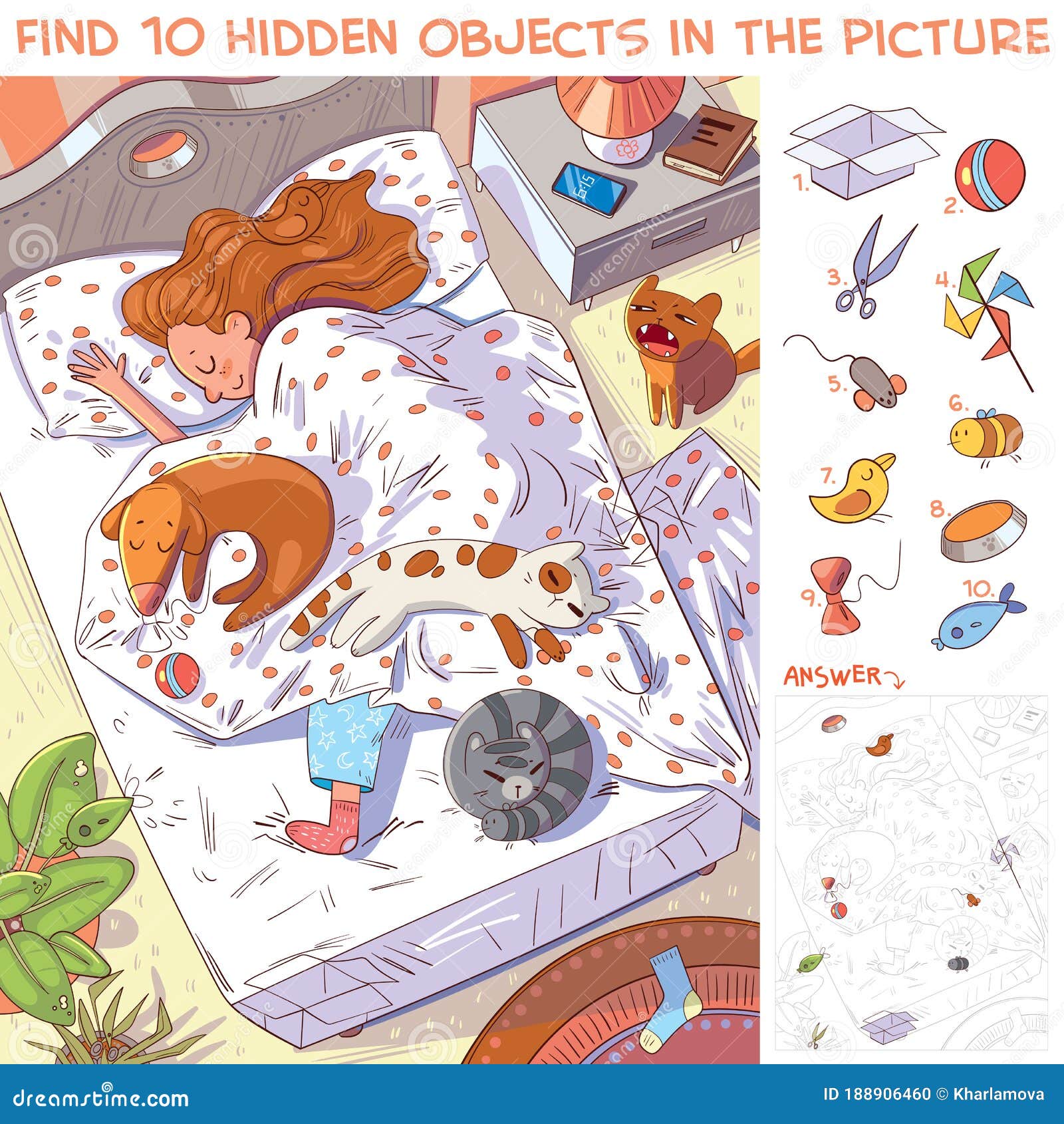 girl sleeping with their pets in bed. find hidden objects