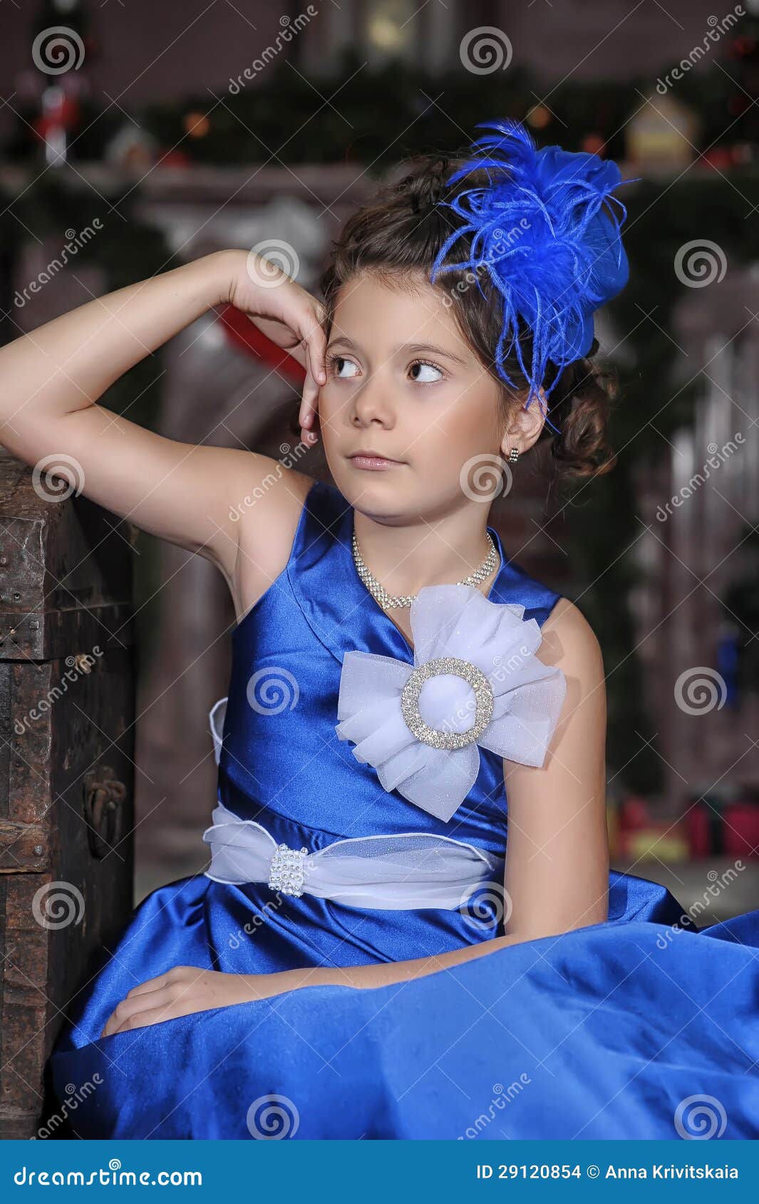 Girl in a smart blue dress. Dark-haired girl with beautiful hair in a smart ball gown.