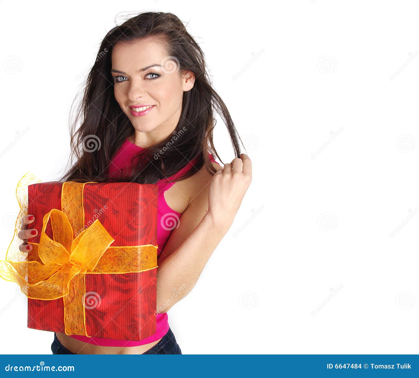 Girl Smiles and Holding a Gift Box Stock Photo Image of caucasian