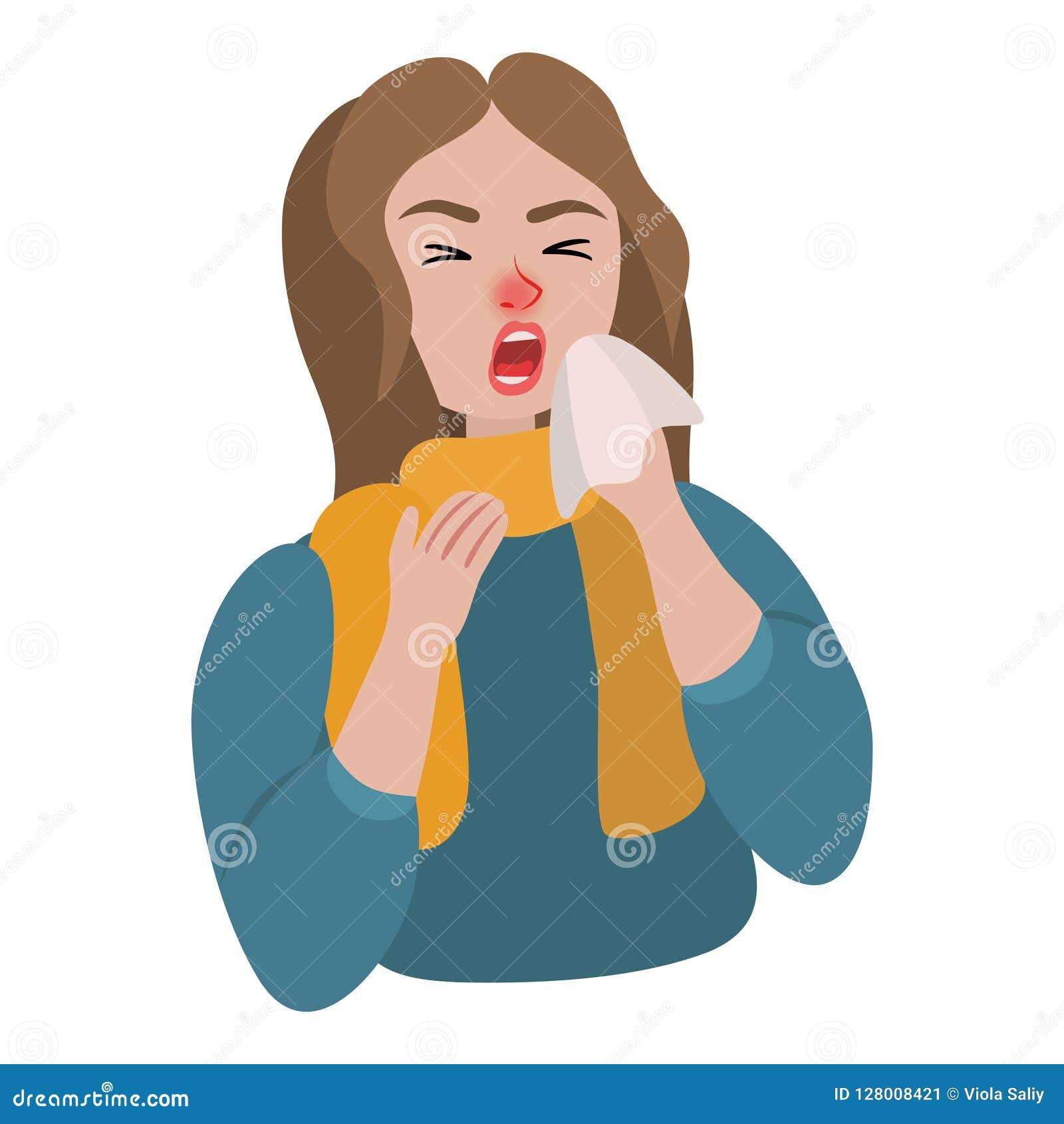 girl sneezes into a scarf sick