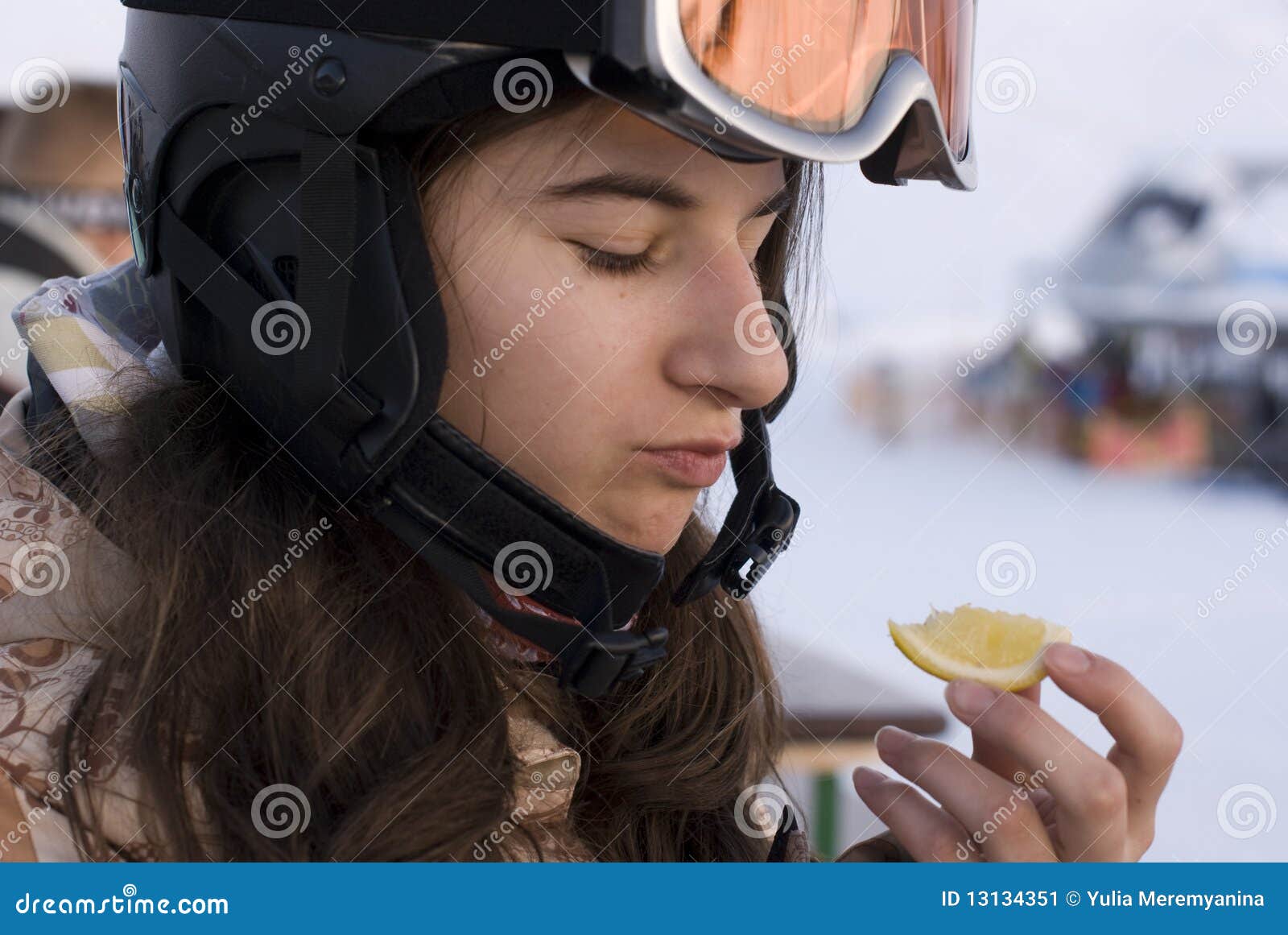 Girl in Snowboard Helmet Holding Lemon Stock Image Image of resort
