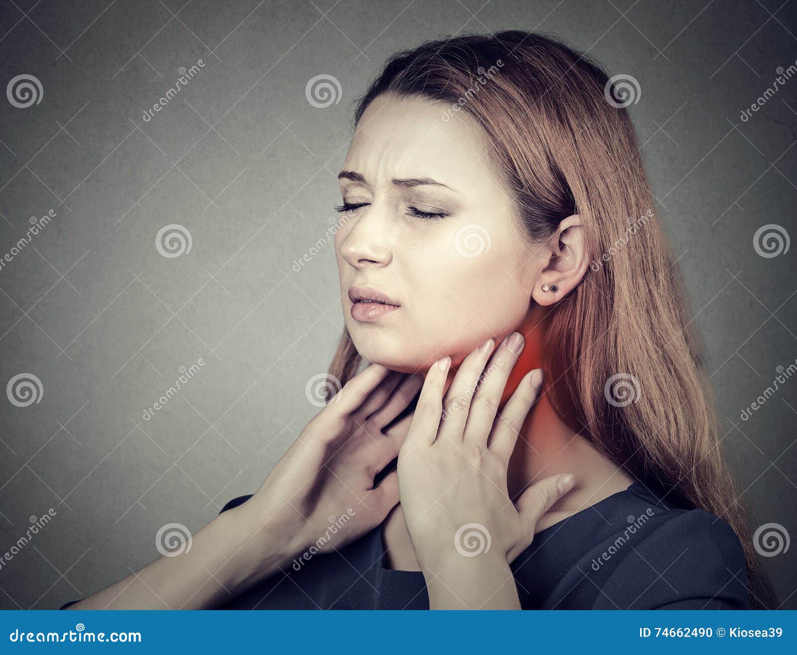 girl with sore throat neck colored in red. sick woman having pain in throat