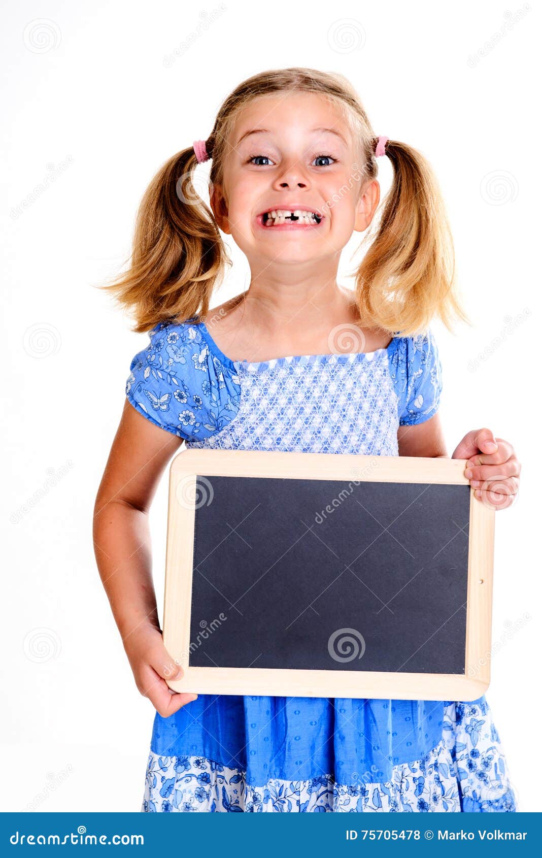 girl with space width showing a little blackboard
