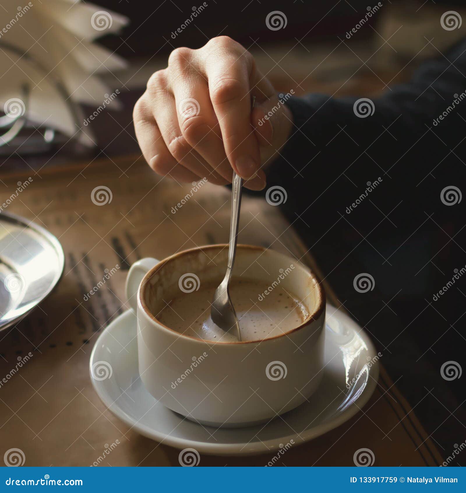 The Girl Stirs Sugar in a Cup of Coffee. Close-up, Lifestyle. Instagram  Style, Square Cropping Stock Image - Image of attractive, drink: 133917759