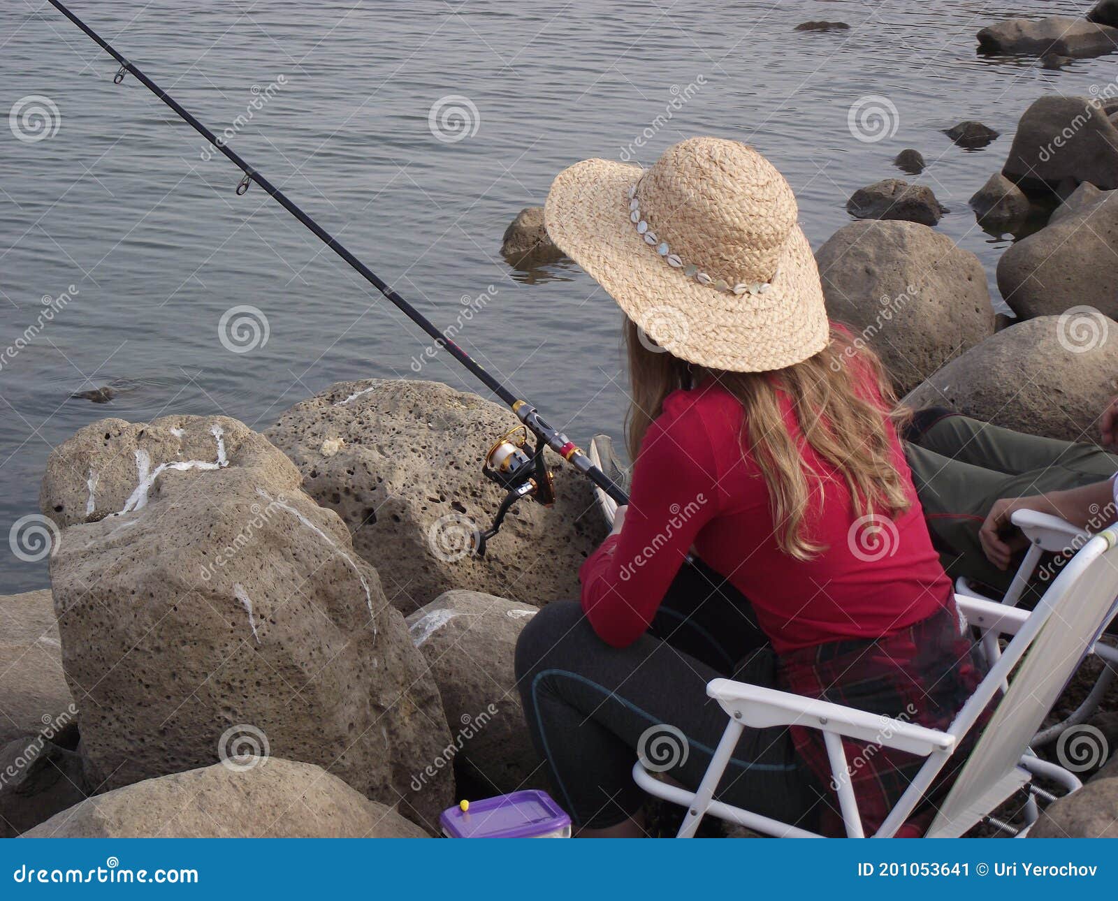 Girl in a Straw Hat is Fishing with a Rod Sitting on a Chair by the Lake  Next To Guy Stock Image - Image of sport, river: 201053641