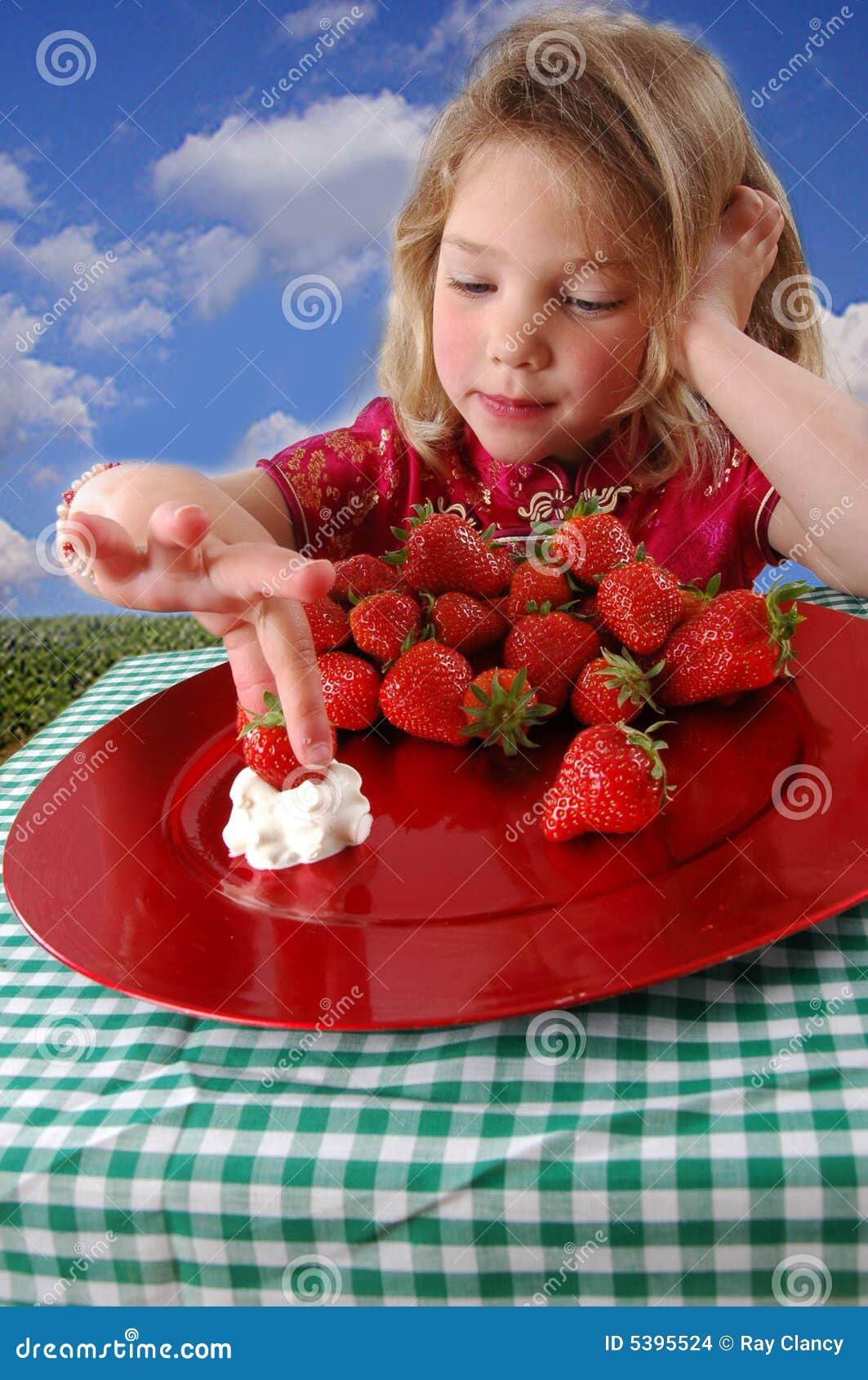 Girl with strawberries stock photo. Image of checked, blonde 5395524