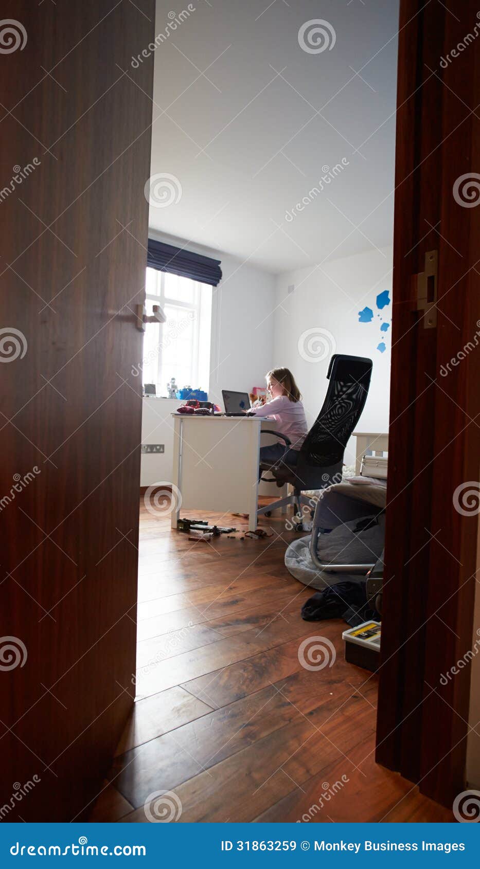 Girl Studying in Bedroom Using Laptop Stock Image - Image of laptop ...